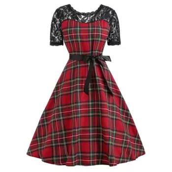 Vintage Lace Insert Plaid Pin Up Dress - Red