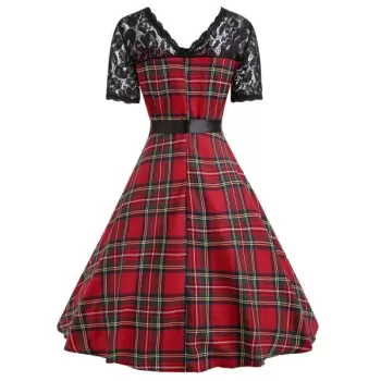 Vintage Lace Insert Plaid Pin Up Dress - Red