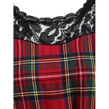 Vintage Lace Insert Plaid Pin Up Dress - Red