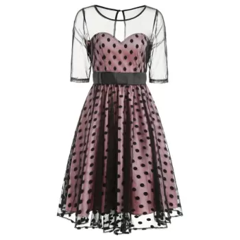 Vintage Mesh Insert Polka Dot wing Dress - Black