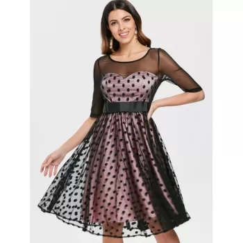 Vintage Mesh Insert Polka Dot wing Dress - Black