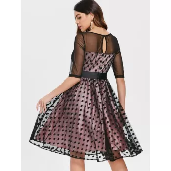 Vintage Mesh Insert Polka Dot wing Dress - Black