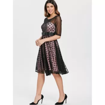 Vintage Mesh Insert Polka Dot wing Dress - Black
