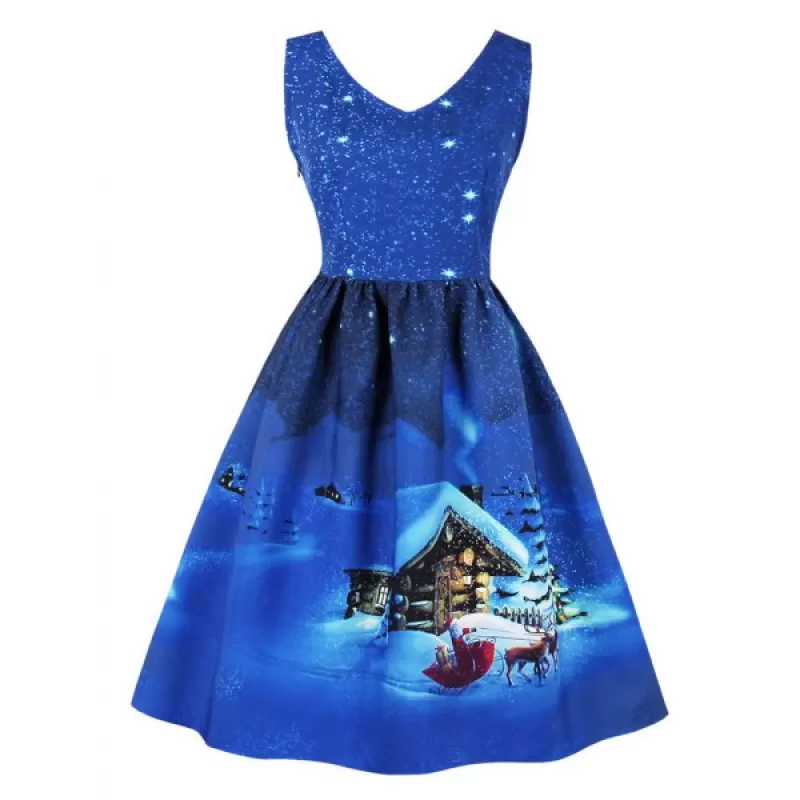 Vintage nowflake Cottage Print Christmas Dress - Cerulean
