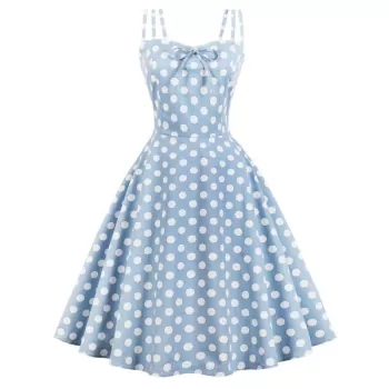 Vintage Spaghetti Strap Polka Dot Flare Dress - Blue Gray