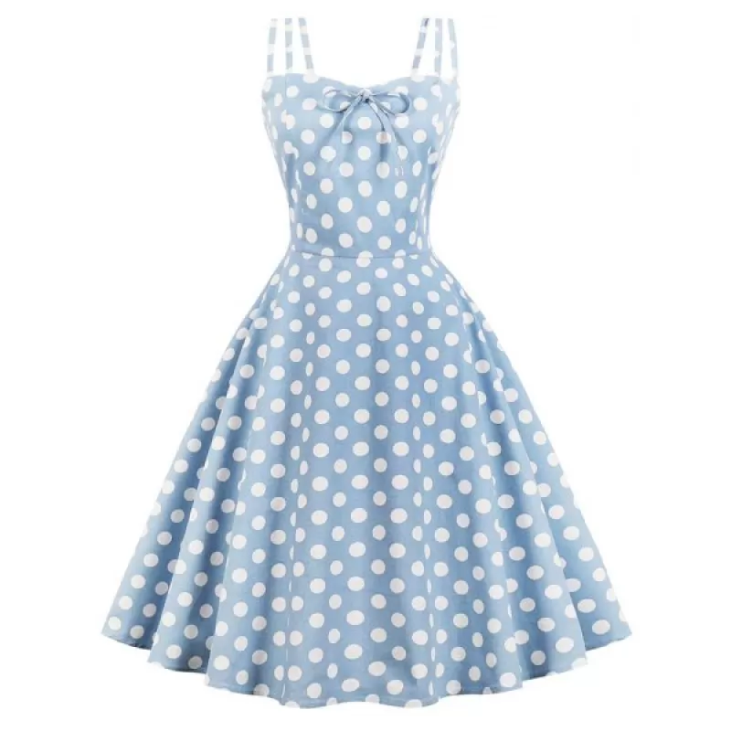 Vintage Spaghetti Strap Polka Dot Flare Dress - Blue Gray
