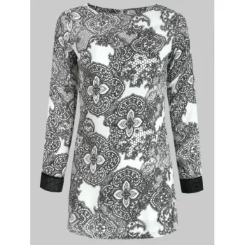 Vintage Style Scoop Neck Printing Long Sleeve Women's Dress - Gray