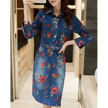Vintage Turn-Down Collar 3/4 Sleeve Floral Print Denim Dress For Women - Blue