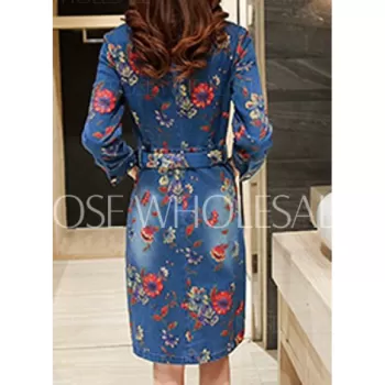 Vintage Turn-Down Collar 3/4 Sleeve Floral Print Denim Dress For Women - Blue