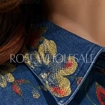 Vintage Turn-Down Collar 3/4 Sleeve Floral Print Denim Dress For Women - Blue