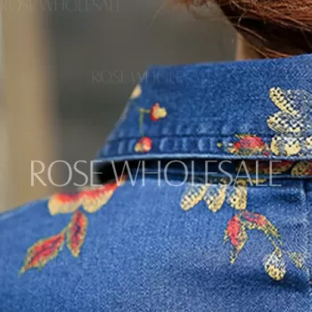 Vintage Turn-Down Collar 3/4 Sleeve Floral Print Denim Dress For Women - Blue