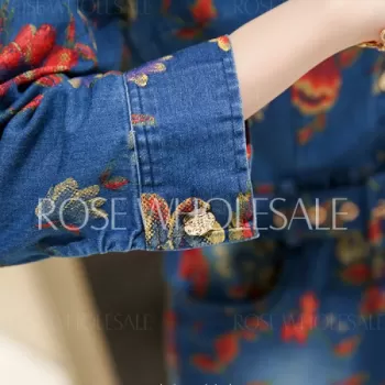 Vintage Turn-Down Collar 3/4 Sleeve Floral Print Denim Dress For Women - Blue