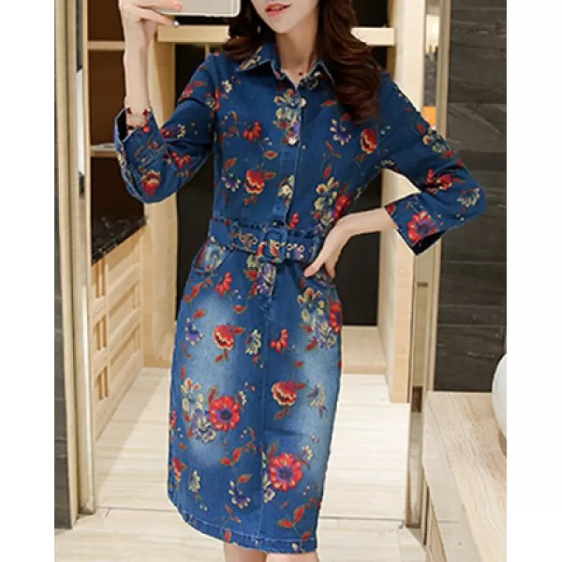 Vintage Turn-Down Collar 3/4 Sleeve Floral Print Denim Dress For Women - Blue
