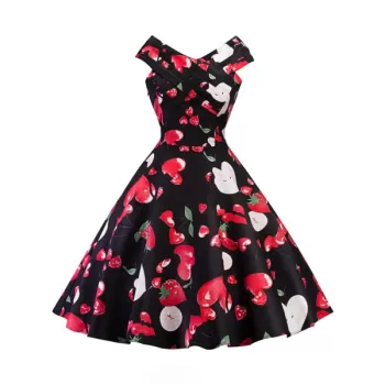 Vintage V Neck Fruit Print Flare Dress -