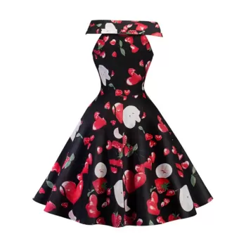 Vintage V Neck Fruit Print Flare Dress -