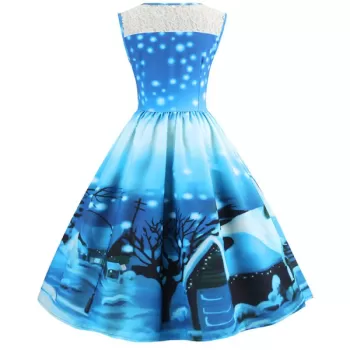 Women's Christmas Gifts Santa Claus Print ace Retro Round Neck Sleeveless Swing Party Dresses - Ocean Blue