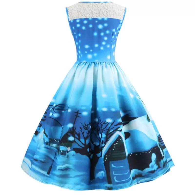 Women's Christmas Gifts Santa Claus Print ace Retro Round Neck Sleeveless Swing Party Dresses - Ocean Blue