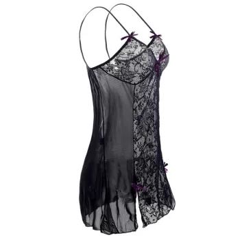 Women Sexy Shoulder Strap Bowknot Plus Size Babydoll ingeries Sleepdress - Black