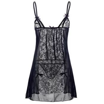 Women Sexy Shoulder Strap Bowknot Plus Size Babydoll ingeries Sleepdress - Black