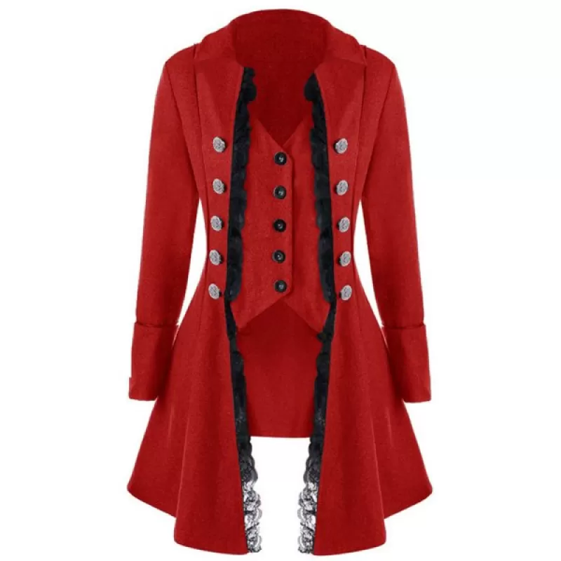 Women Stylish ong Sleeve Button Irregular Coat - Red