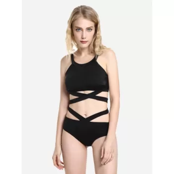 ZAN.STYLE Cross Wrap Halter Bikini Set - Black