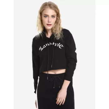 ZAN.STYLE Drawstring Cropped Hoodies - Black