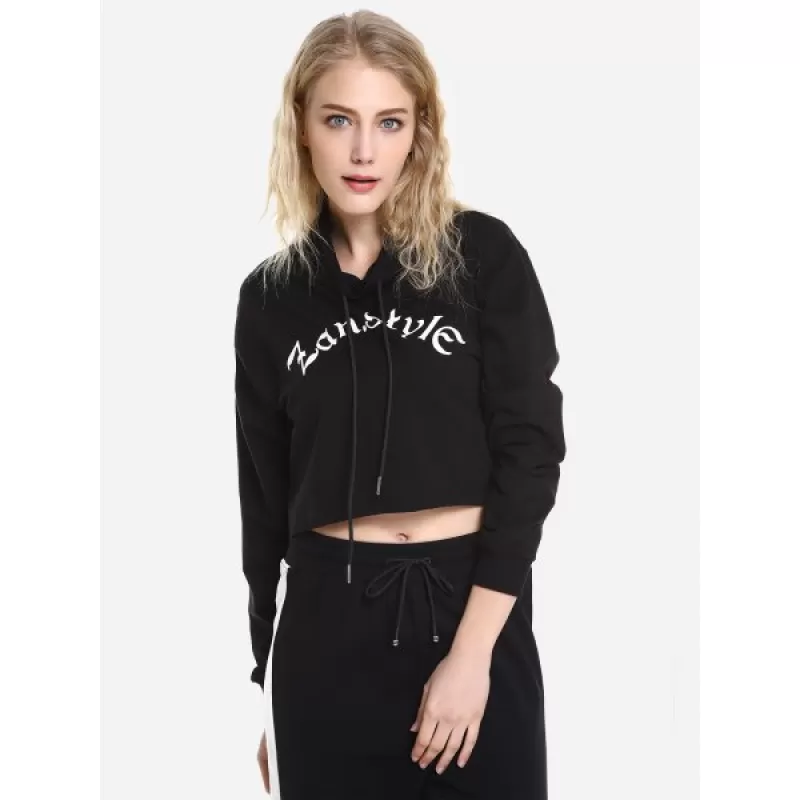 ZAN.STYLE Drawstring Cropped Hoodies - Black