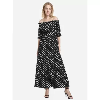 ZAN.STYLE Elasticized Waistband Off the Shoulder Dress - Black And White