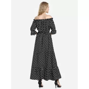 ZAN.STYLE Elasticized Waistband Off the Shoulder Dress - Black And White