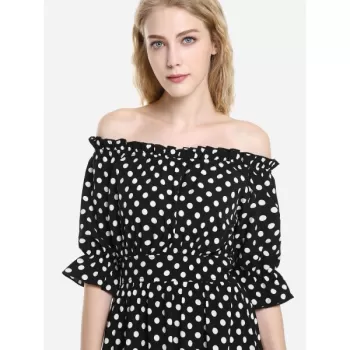 ZAN.STYLE Elasticized Waistband Off the Shoulder Dress - Black And White