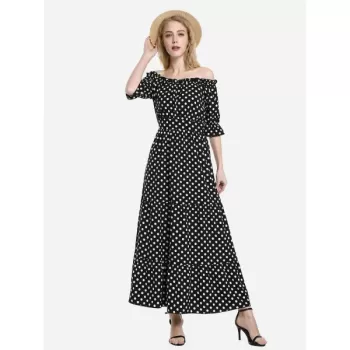 ZAN.STYLE Elasticized Waistband Off the Shoulder Dress - Black And White