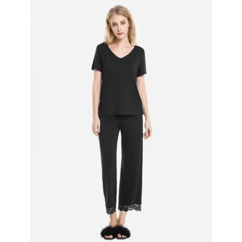ZAN.STYLE V Neck Sleepwear Short Sleeve Pajama Set - Black