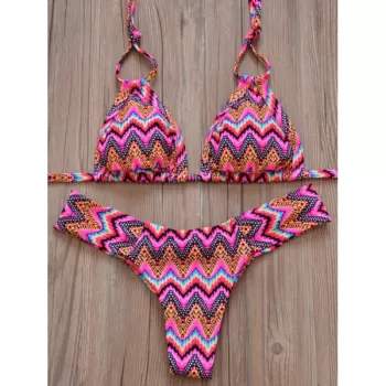 Zig Zag Halterneck Bikini Set - Rose Red