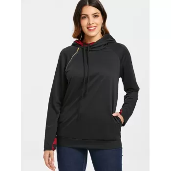 Zip Detail Drawstring Hoodie - Black