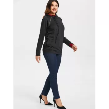 Zip Detail Drawstring Hoodie - Black