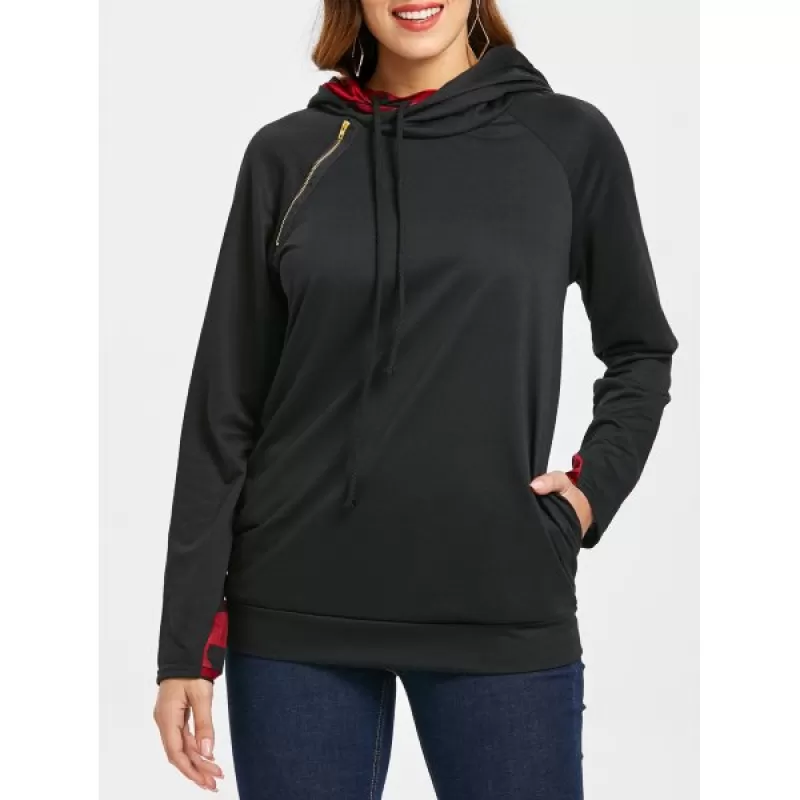 Zip Detail Drawstring Hoodie - Black