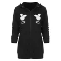 Zip Front Black Cat Hoodie with Pocket - Black
