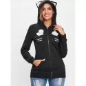 Zip Front Black Cat Hoodie with Pocket - Black