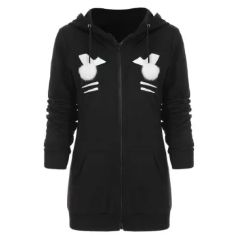 Zip Front Black Cat Hoodie with Pocket - Black