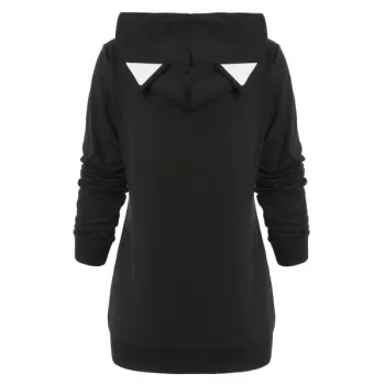 Zip Front Black Cat Hoodie with Pocket - Black