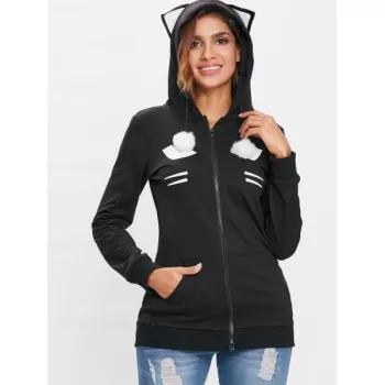 Zip Front Black Cat Hoodie with Pocket - Black