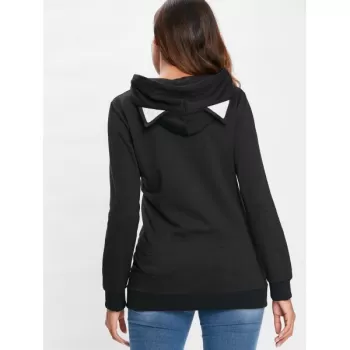 Zip Front Black Cat Hoodie with Pocket - Black