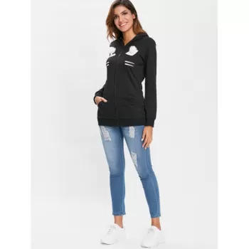 Zip Front Black Cat Hoodie with Pocket - Black
