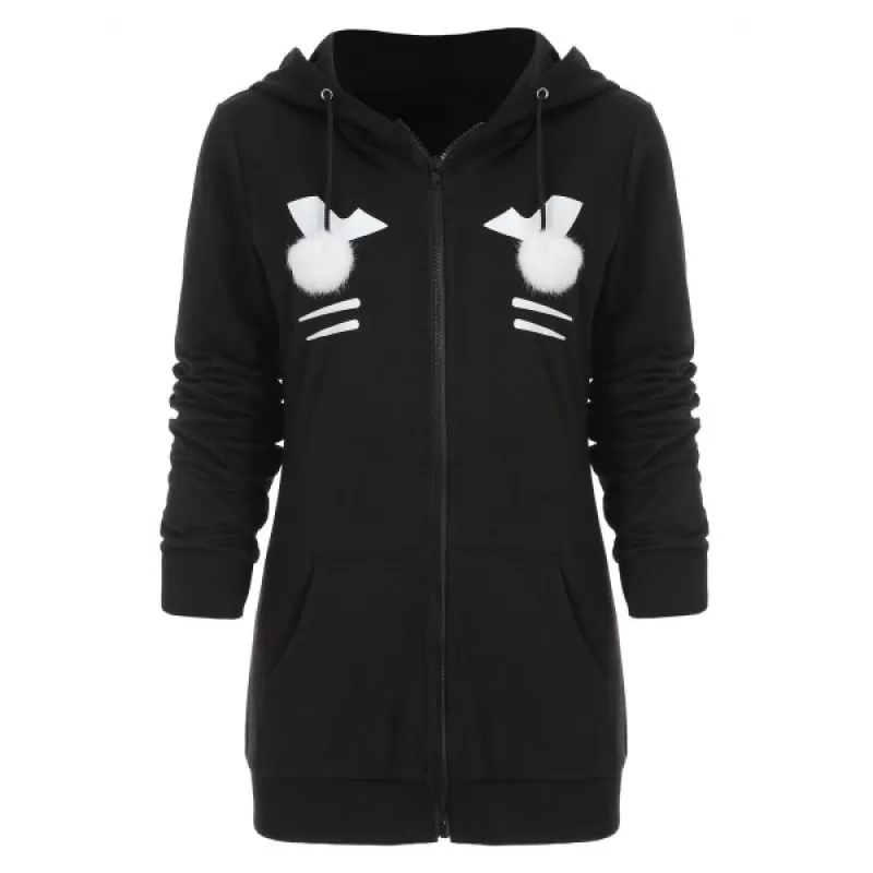 Zip Front Black Cat Hoodie with Pocket - Black