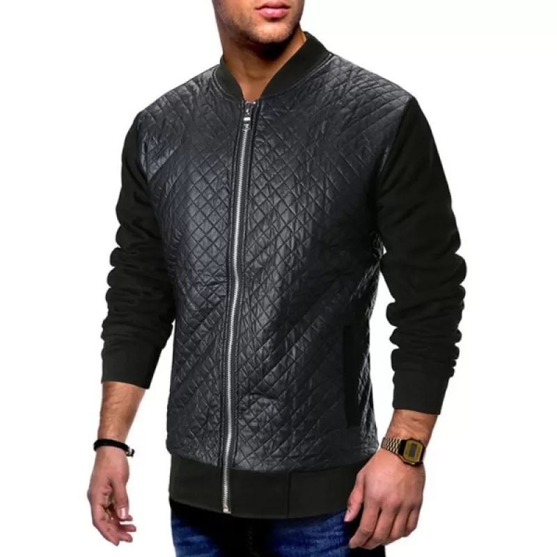 Zip Up Panel Baseball Jacket - Black