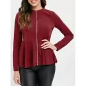 Zip Up Peplum Top - Red Wine