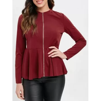 Zip Up Peplum Top - Red Wine