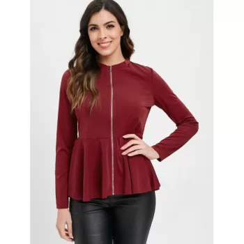 Zip Up Peplum Top - Red Wine