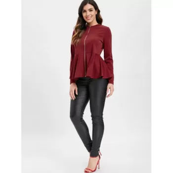 Zip Up Peplum Top - Red Wine