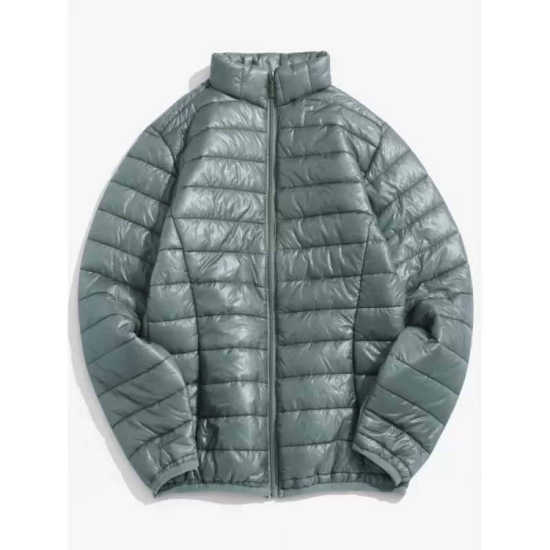Zip Up Solid Warm Lightweight Padded Jacket - Gray Cloud